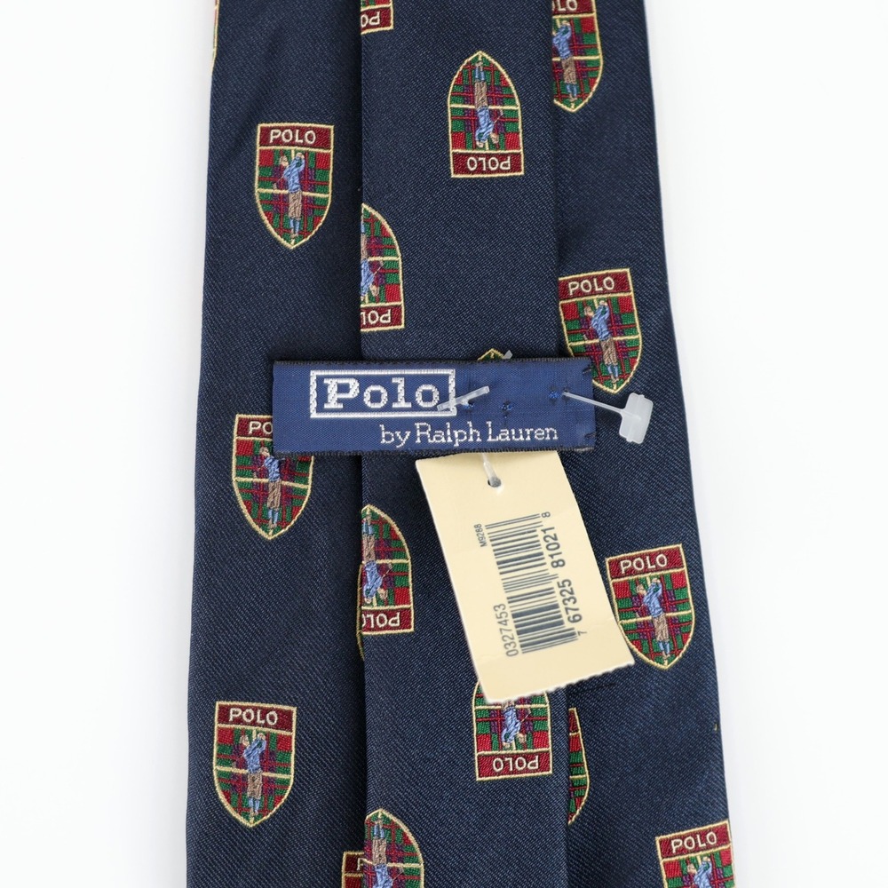 New Polo Ralph Lauren Necktie Navy Blue Silk Golfer Crest Shield USA Vintage - Picture 3 of 9